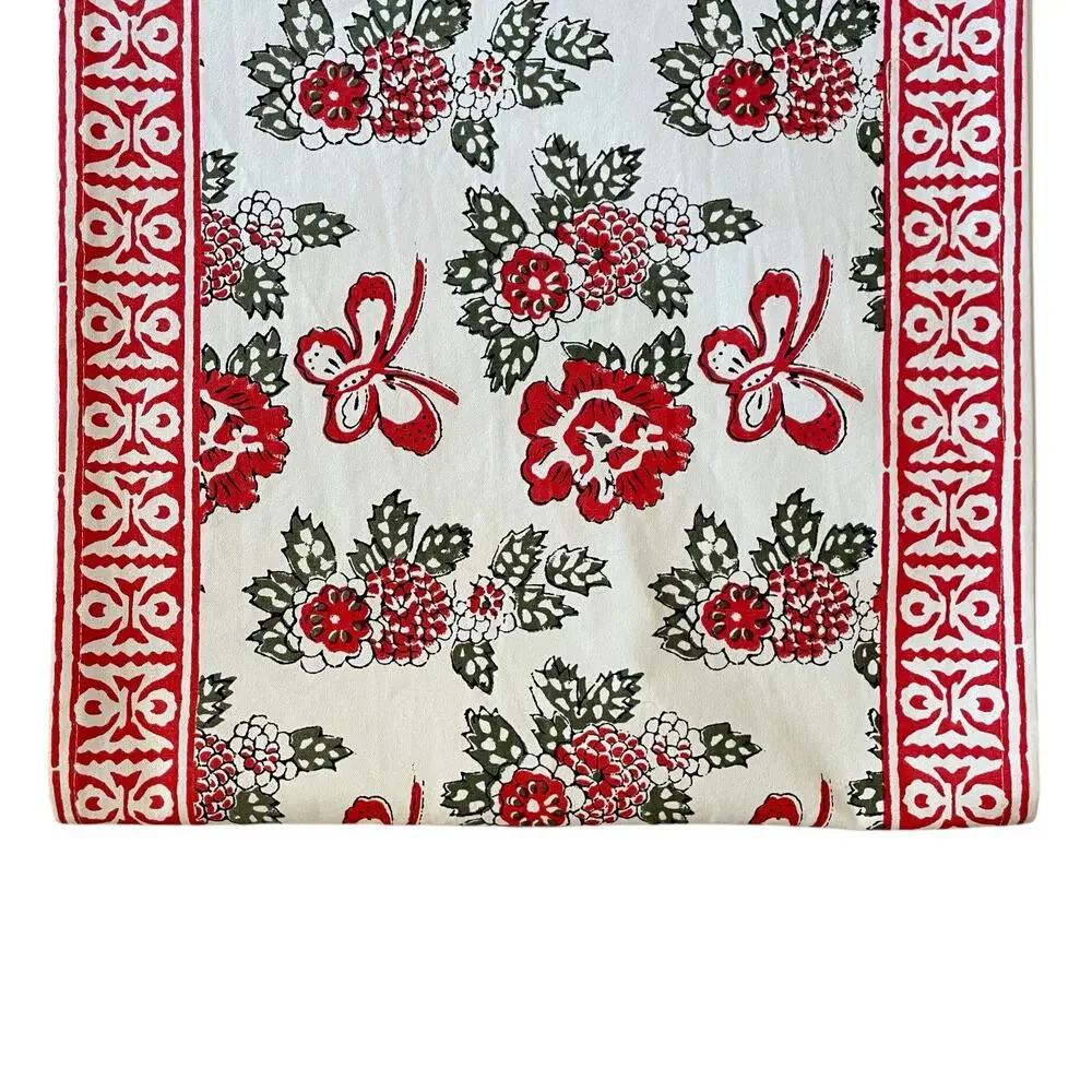 Tiramisu Block Print Cotton Table Runner 14x108 Pink & Red Floral Butterfly NEW